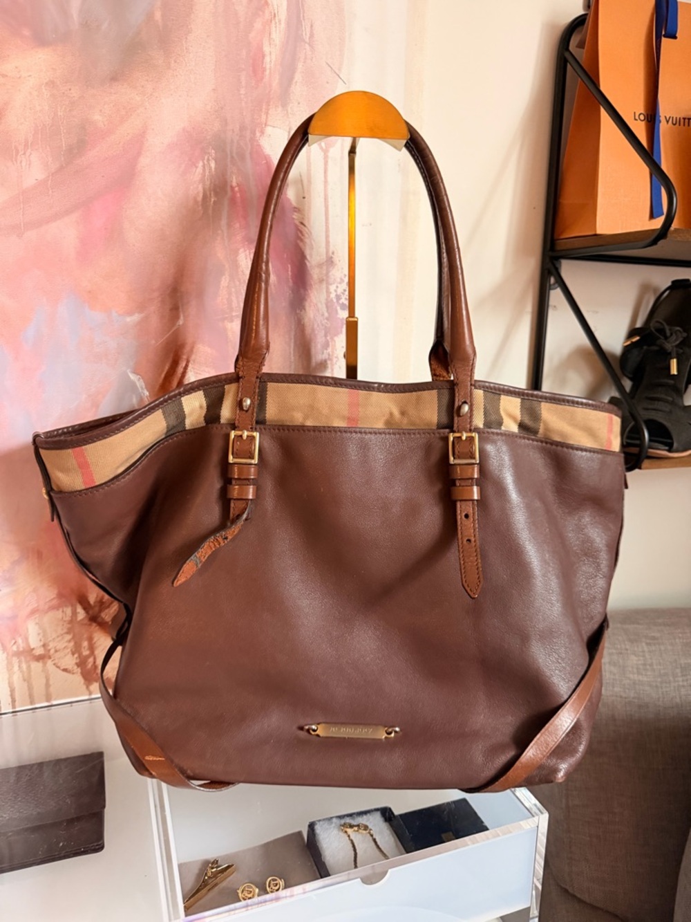 Burberry Tan and Brown Check Canvas Tote with Leather Trim